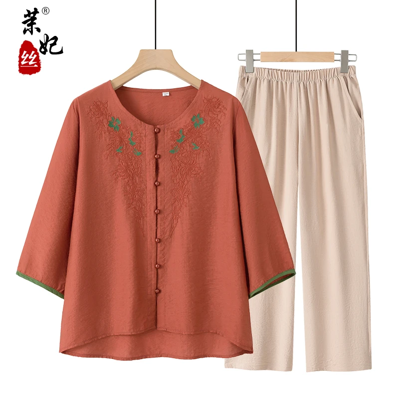 妈妈夏装中老年人2025夏季衬衫女士套装国风宽松洋气上衣短袖小衫