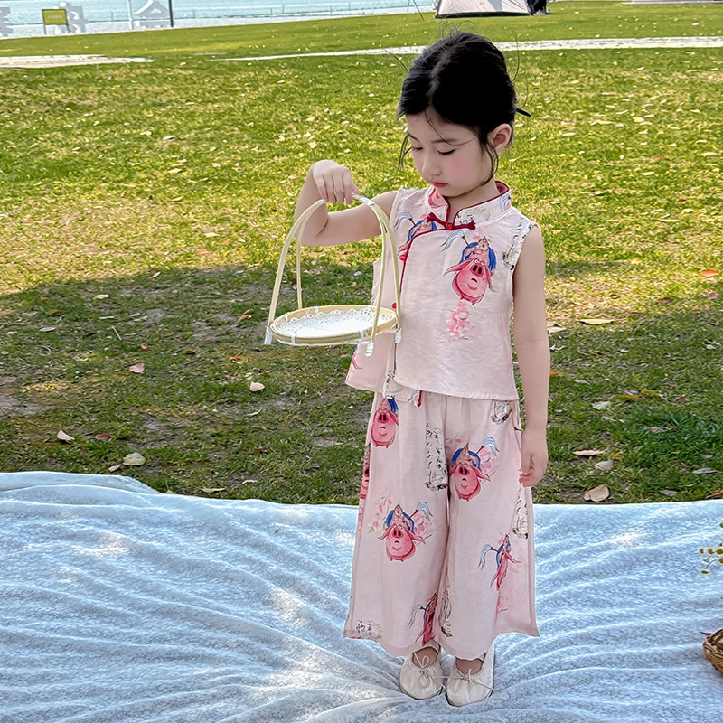 女童国风夏季2025新款洋气女孩超火夏装新中式卡通敖丙哪吒两件套