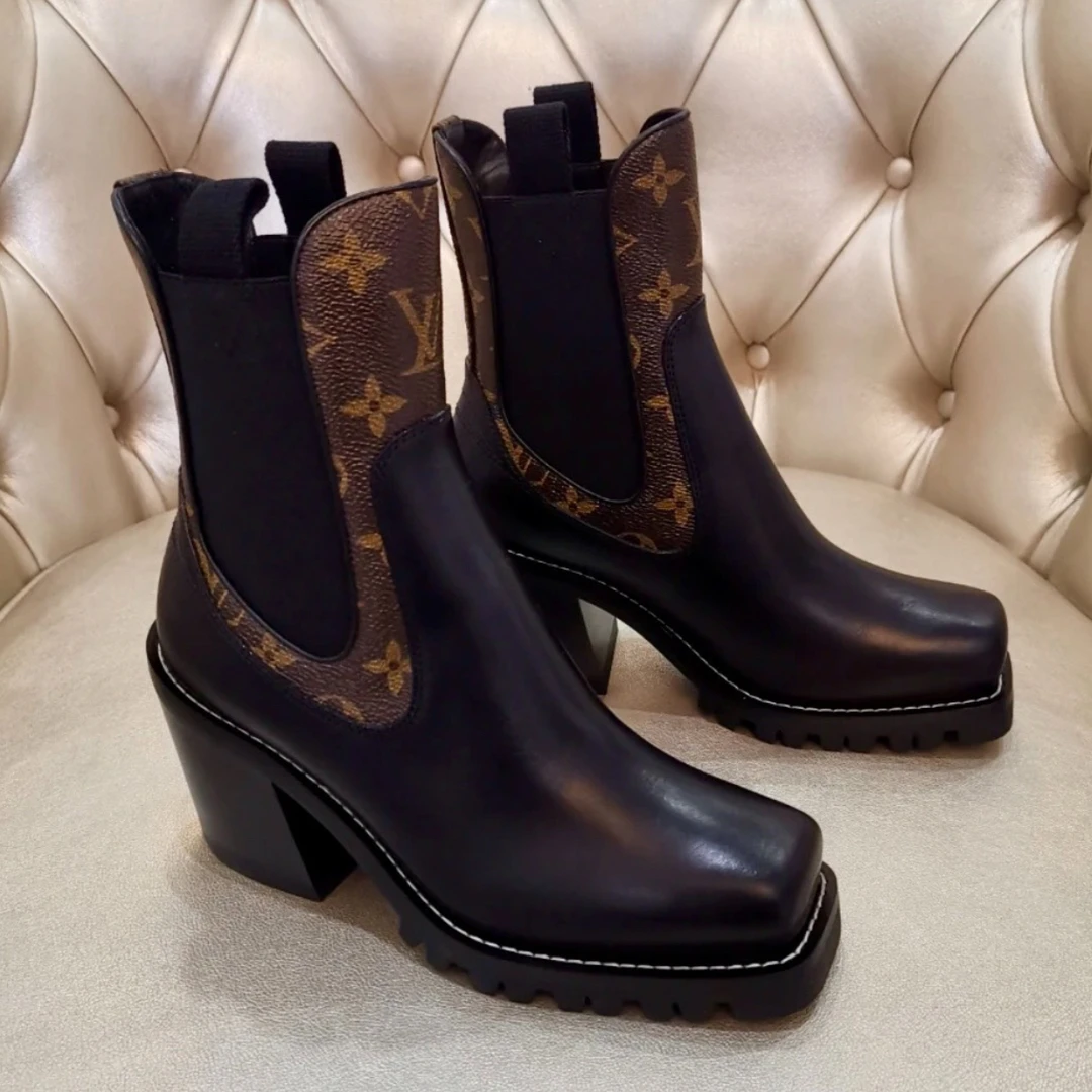 未使用 LouisVuitton/路易威登 lv黑色皮面棕色老花靴 6cm 多尺码