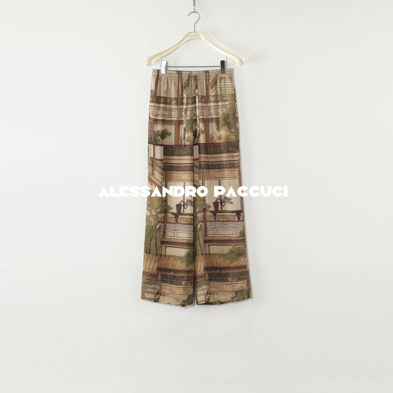 AP洛哥51082KC【锦瑟悠悠】亭台楼阁印花松紧系带腰国风休闲长裤