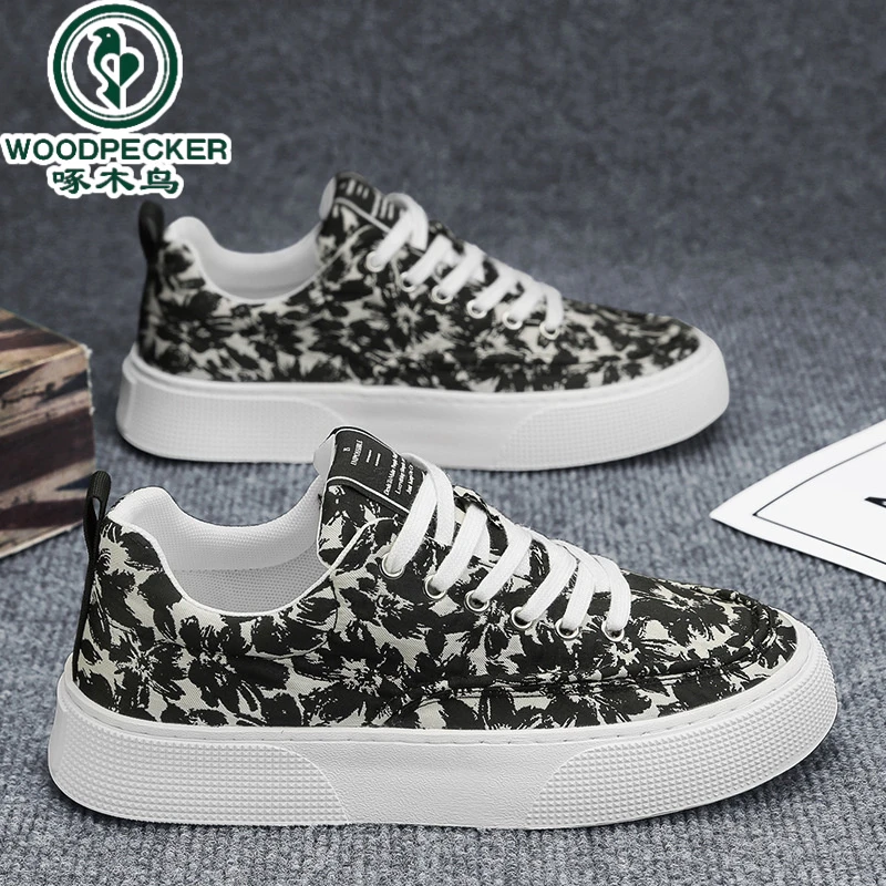 【正品】啄木鸟2024春秋新款男潮流耐磨休闲男士鞋印花时尚厚底板鞋