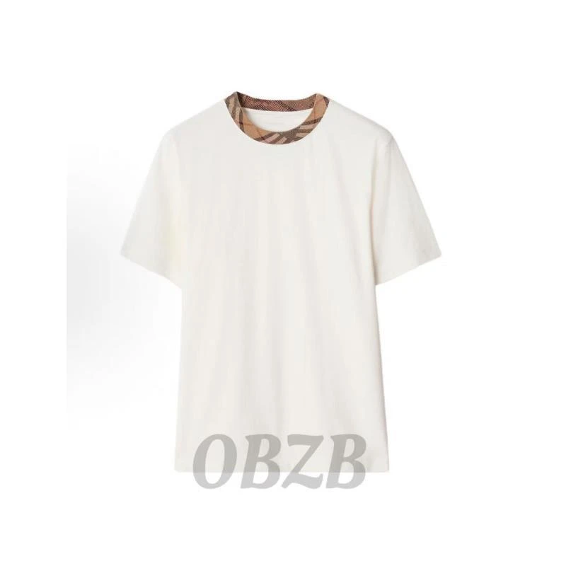 OBZB【B男女同款短袖】白色领口格纹宽松舒适时尚短袖4010