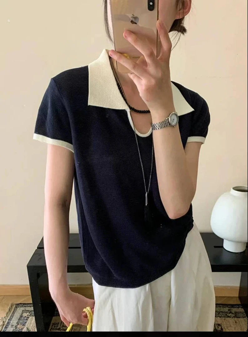 2025夏新款韩系翻领撞色拼接短袖T恤女宽松显瘦百搭时尚针织上衣