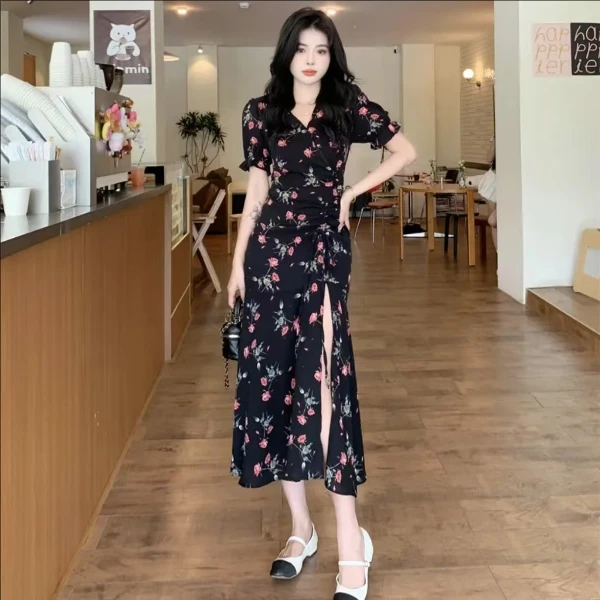 大码女装300斤胖MM夏季设计感复古V领碎花收腰显瘦连衣裙66925