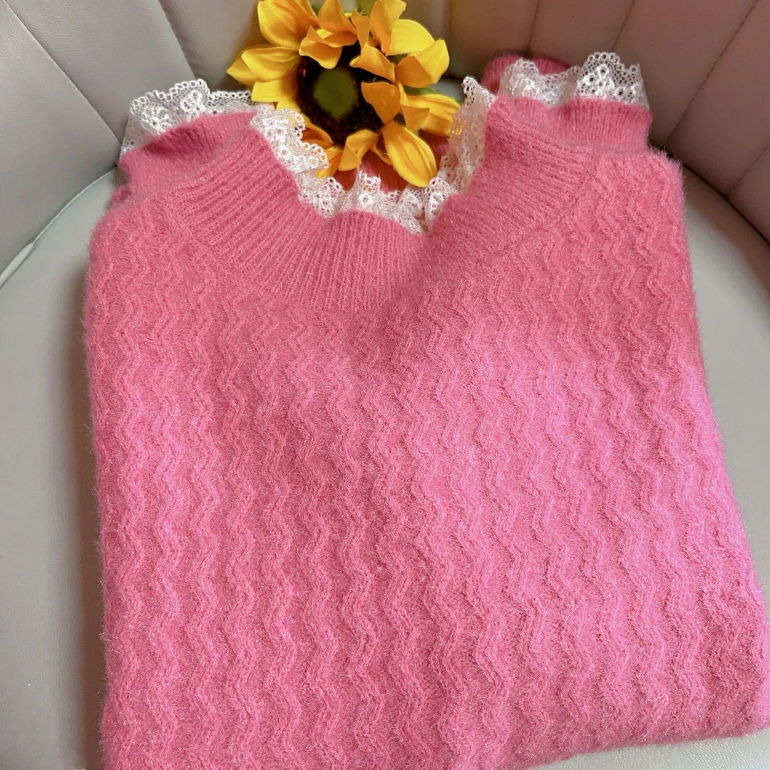 蕾丝边小立领水毛毛女装针织衫冬季加厚保暖打底针织衫毛衣上衣