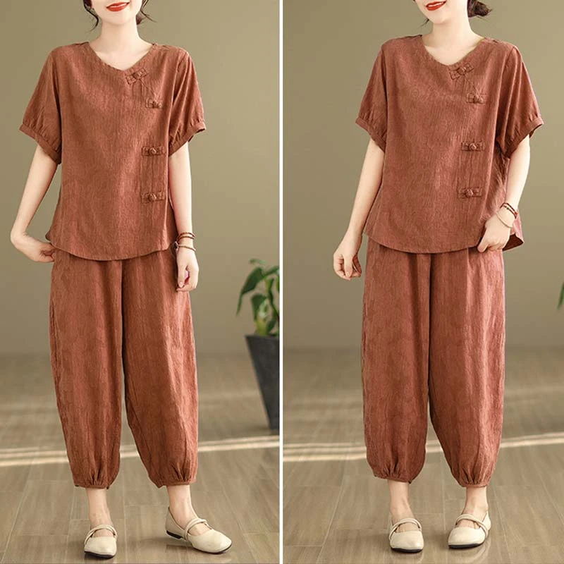 高档洋气棉麻两件套女装夏季复古时尚提花宽松显瘦休闲灯笼裤套装