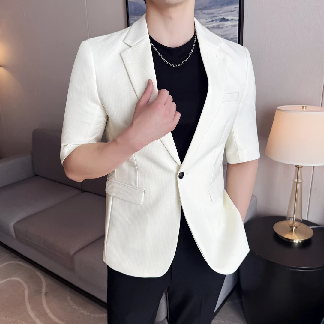 暗条纹短袖休闲西装外套男款爆款2025新款单排扣亮丝简约男士西服