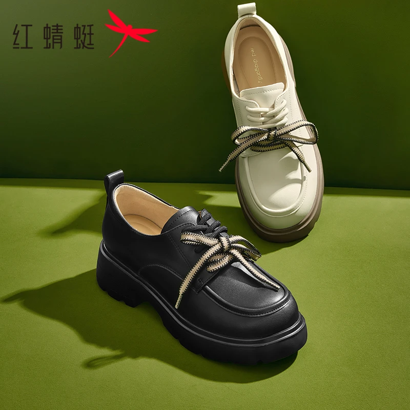 红蜻蜓厚底乐福鞋女2025春季新款女鞋子粗跟单鞋英伦风白色小皮鞋