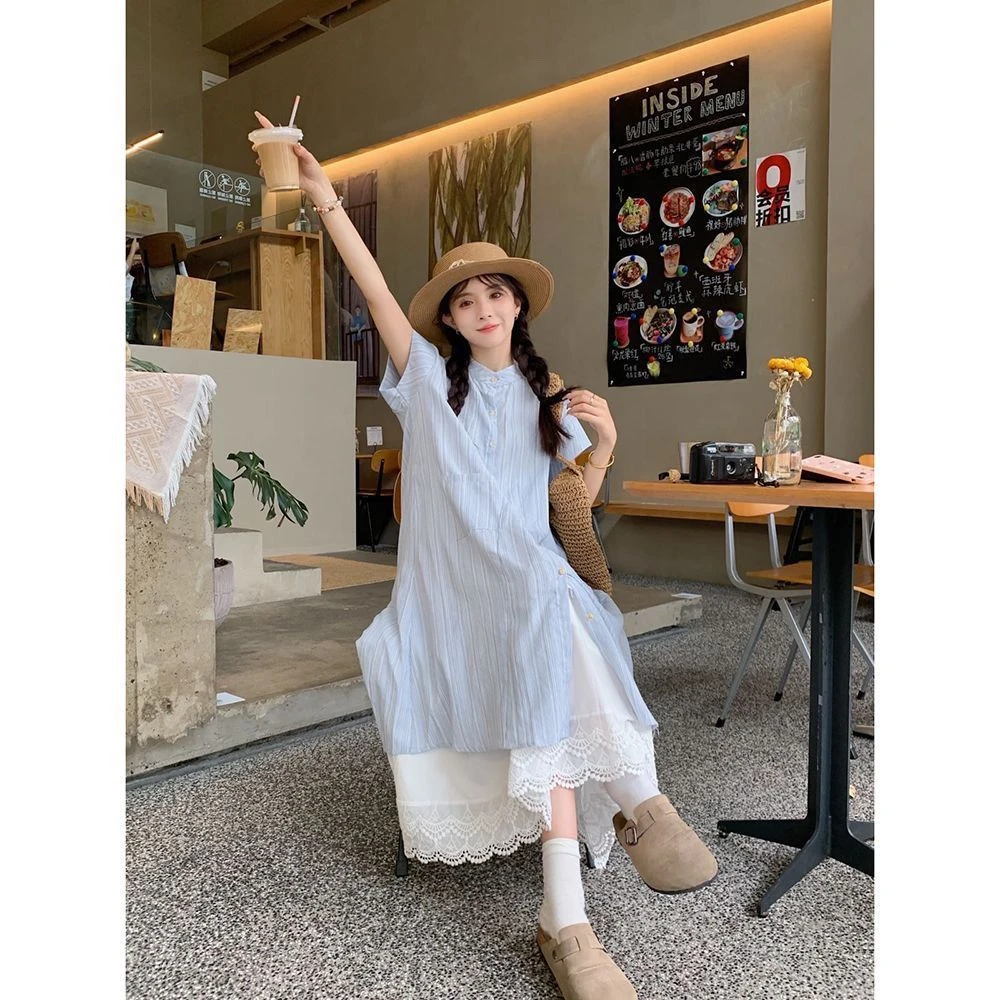 蓝色条纹短袖衬衫连衣裙女夏季2025新款韩系宽松中长款小香风套装