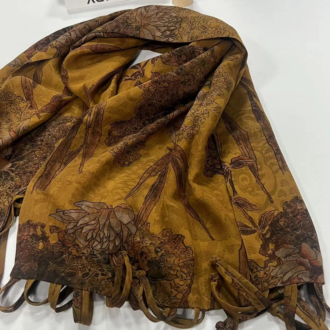 香云纱长巾-古荷莲莲 盘扣流苏披肩53*200cm丝巾