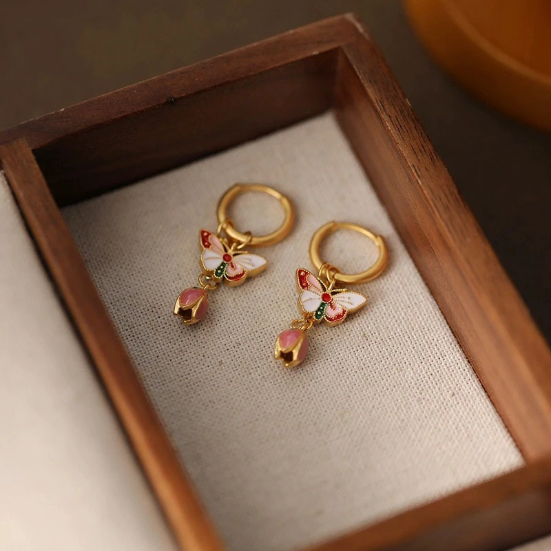 铜合金耳饰 新中式蝴蝶郁金香耳环小众设计感国风秋冬气质耳饰女