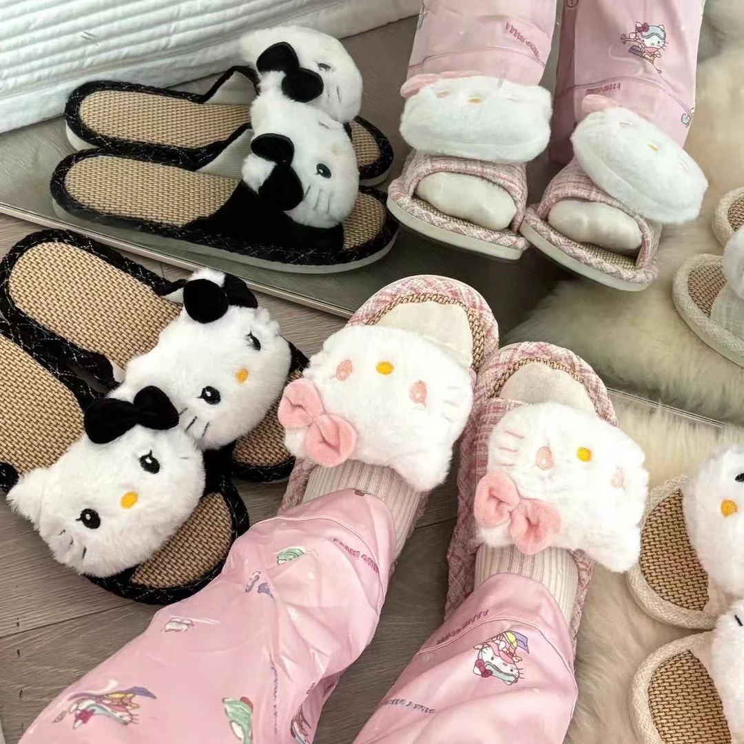日系可爱亚麻kitty布艺凉席拖鞋居家透气吸汗防滑踩屎感一字拖鞋