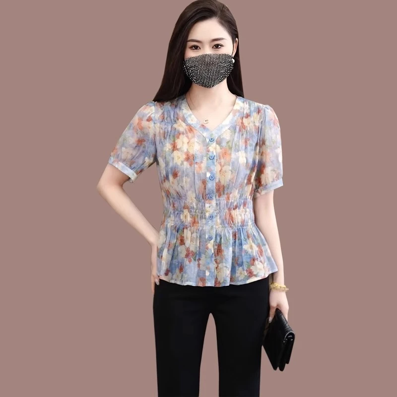 拉夏贝尔碎花衬衫女2025夏季新款时尚减龄小个子短袖上衣洋气小衫