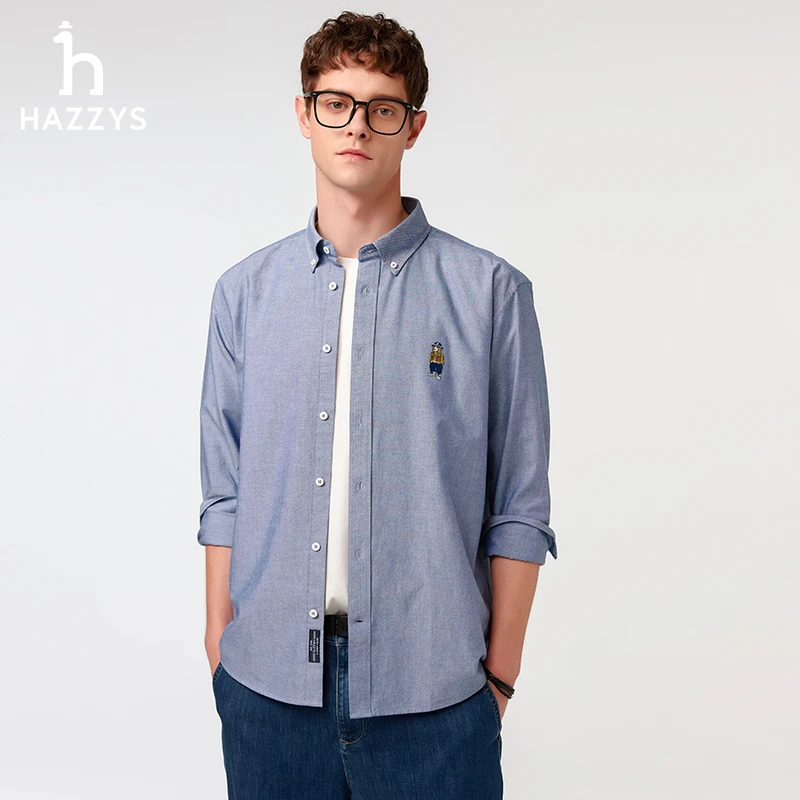 【PHIZ】Hazzys哈吉斯春季长袖扣领衬衫男士上衣休闲舒适简约衬衣