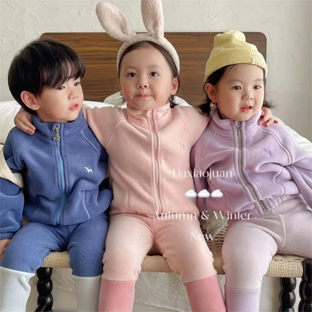 现货【大小卷】儿童秋冬撸猫绒小狗刺绣休闲套装-5162