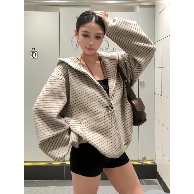 美式复古条纹连帽拉链开衫卫衣男秋季小众高级感重磅休闲情侣外套