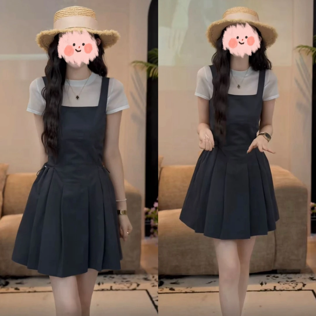洋气衣服女夏季显瘦小个子时尚清冷感背带连衣裙+短袖上衣两件套