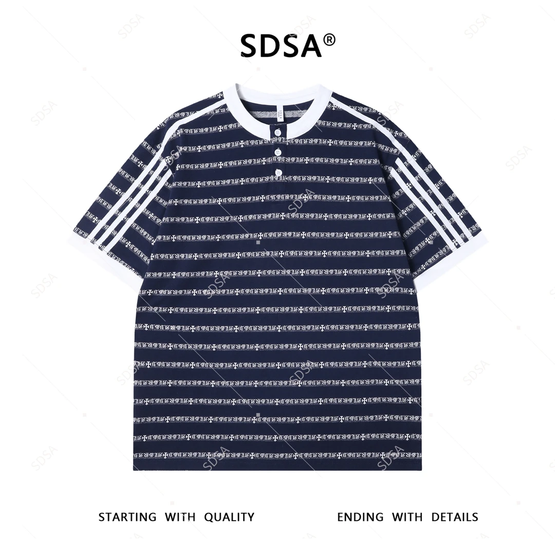 T3564夏季高级感男士简约提花条纹半纽扣短袖T恤百搭时尚圆领上衣