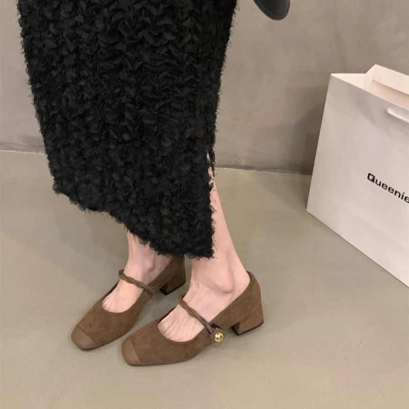 法式粗跟黑色2025中高跟单鞋新款绒面晚晚鞋女鞋子秋冬加绒玛丽珍