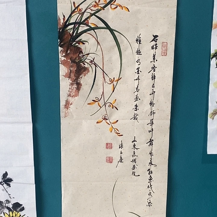 国画四尺对开手绘花鸟