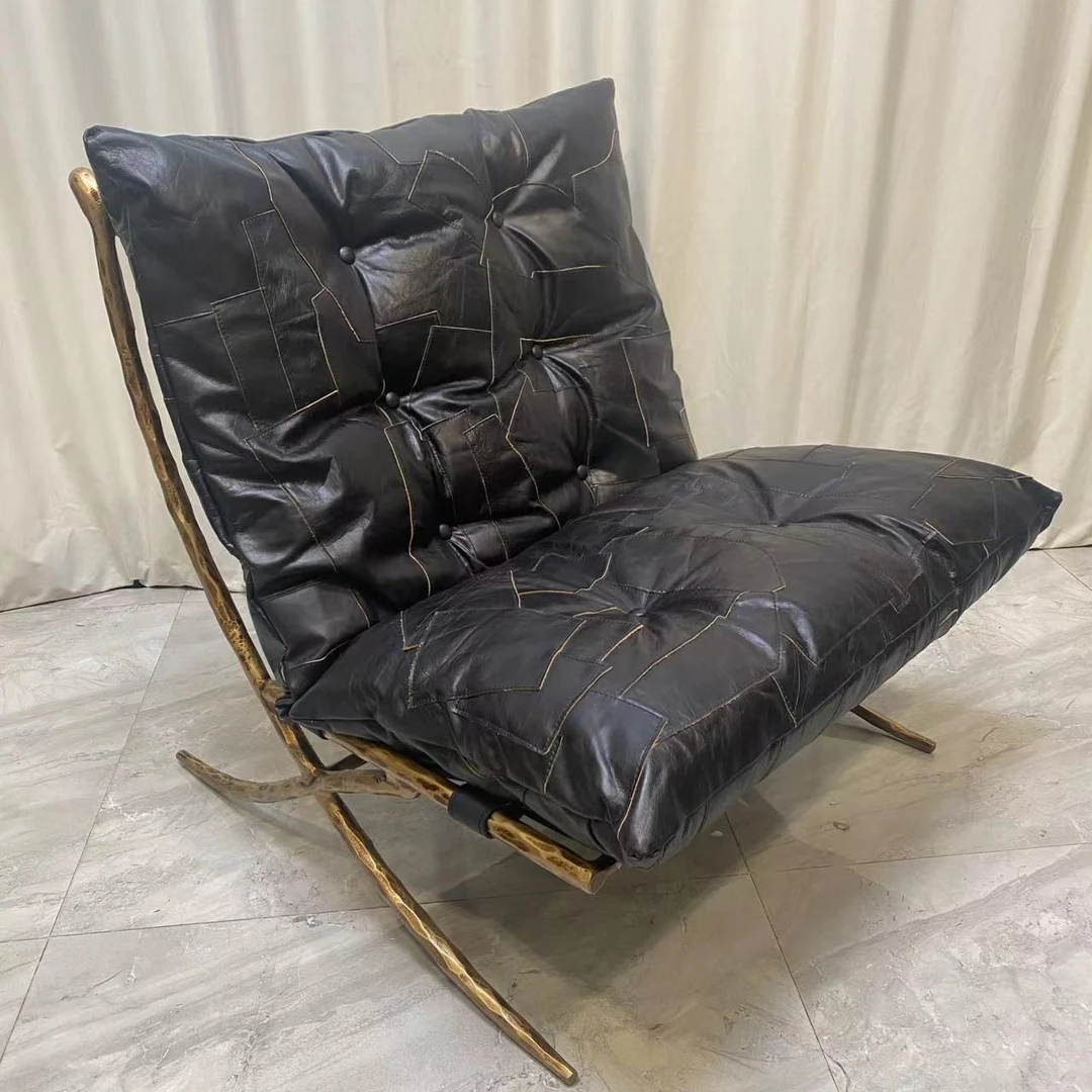 博瑞奇复古头层牛皮锻打巴塞罗那椅头层牛皮休闲椅黑色椅子08470