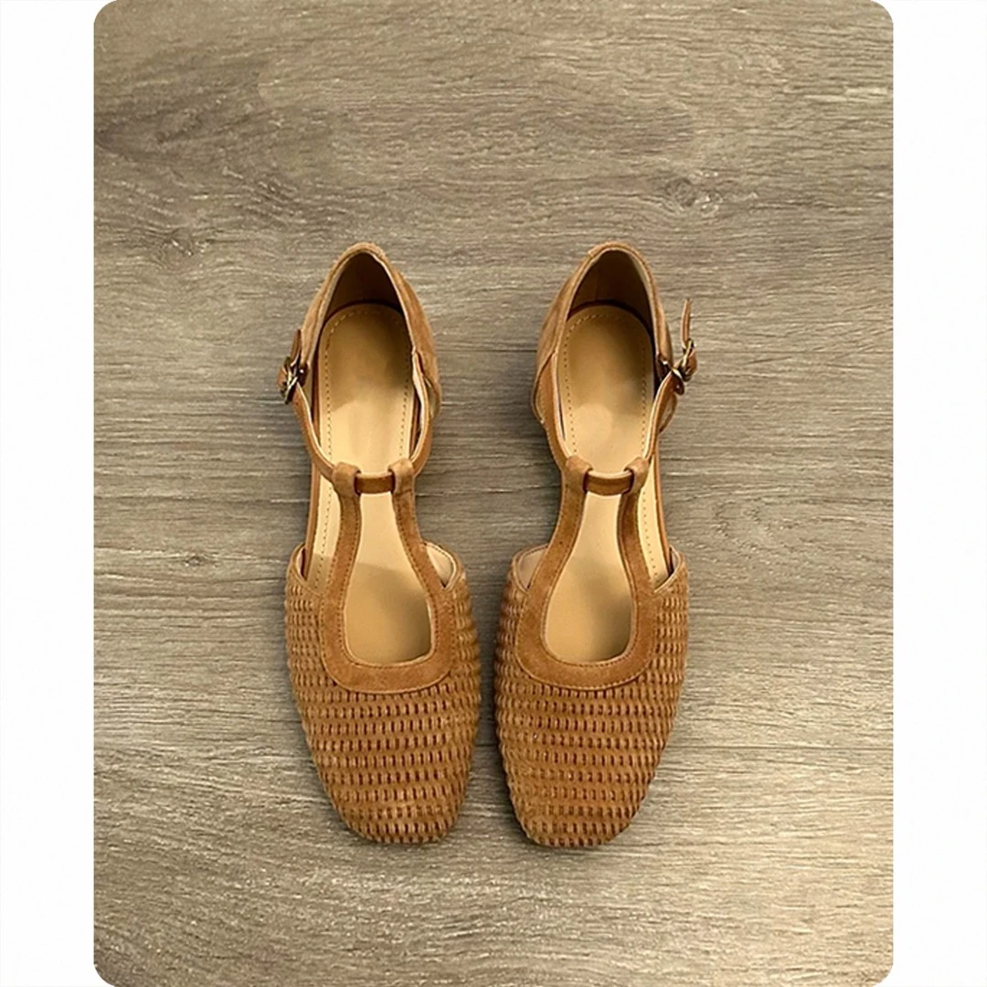 羊皮版~复古编织绝美罗马凉鞋女配裙子中空玛丽珍粗跟包头单鞋夏