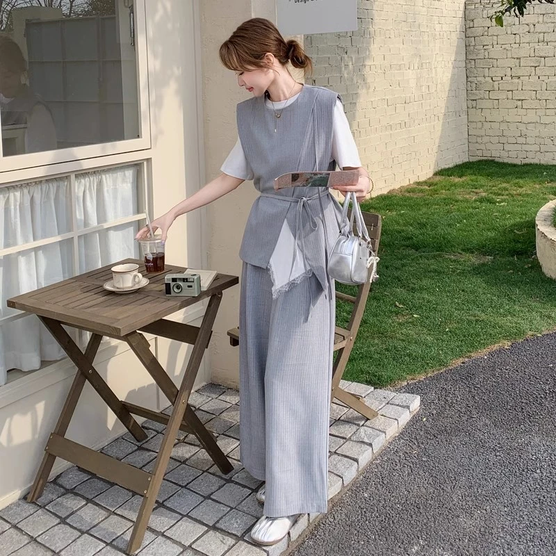 灰色西装马甲套装女2025夏季新款时尚气质高级感T恤阔腿裤三件套