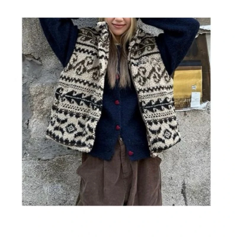 【费尔岛马甲】Y韩系复古提花立领拉链羔羔毛马甲百搭显瘦设计款