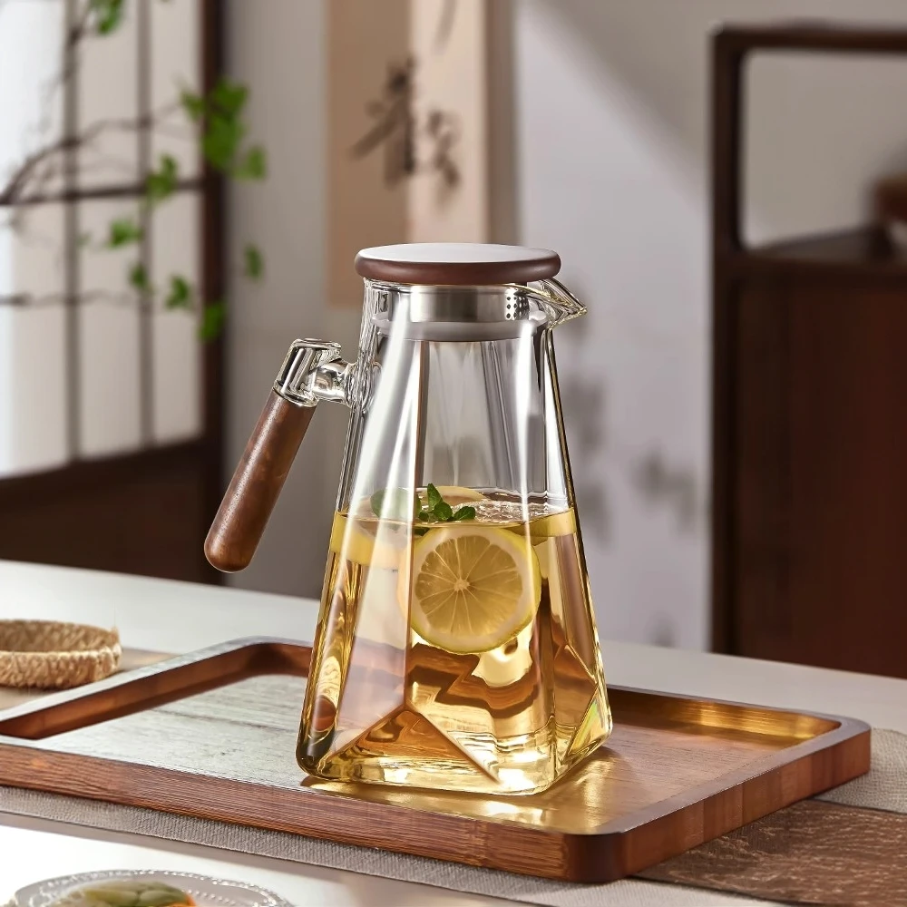 耐高温加厚玻璃冷水壶胡桃木耐热水壶大容量冷泡壶玻璃泡茶壶透明