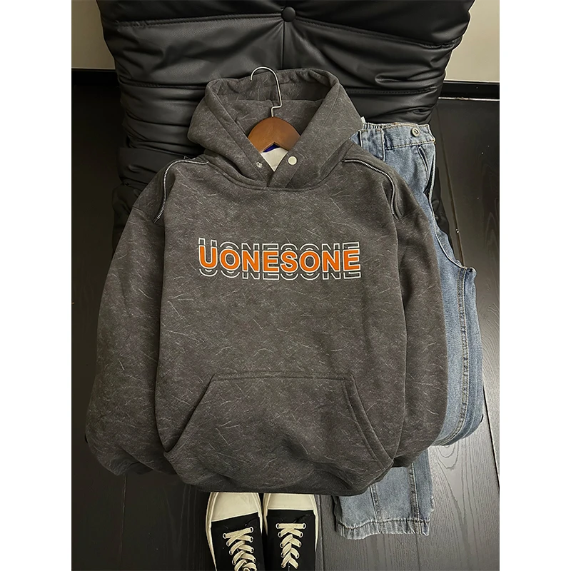 美式复古硅胶印花卫衣男冬季加绒设计感连帽外套情侣装高级感上衣