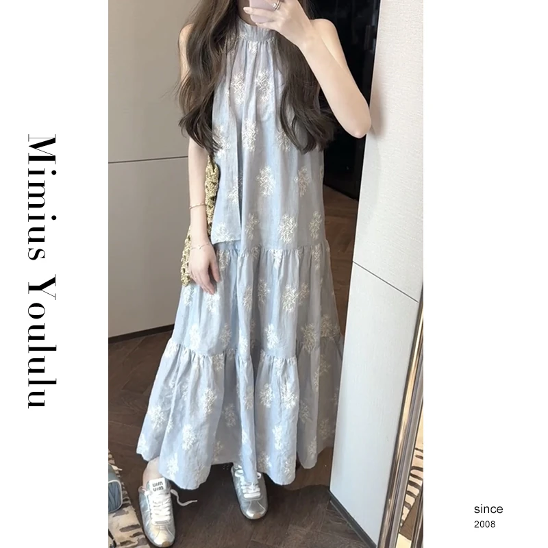 【mimius】L 韩系优雅刺绣钩花高级感挂脖系带连衣裙 G03282