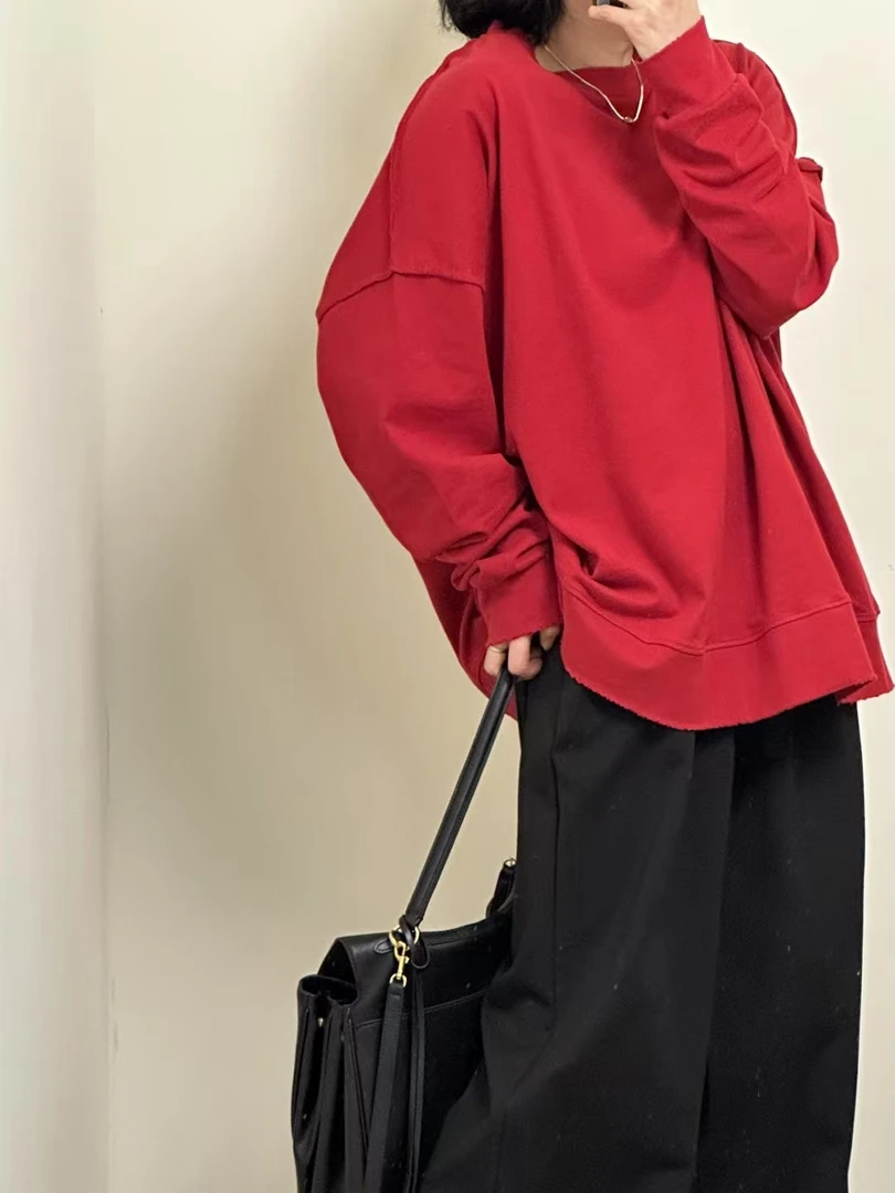 春季新款长袖圆领卫衣韩版休闲情侣纯色大版红色百搭