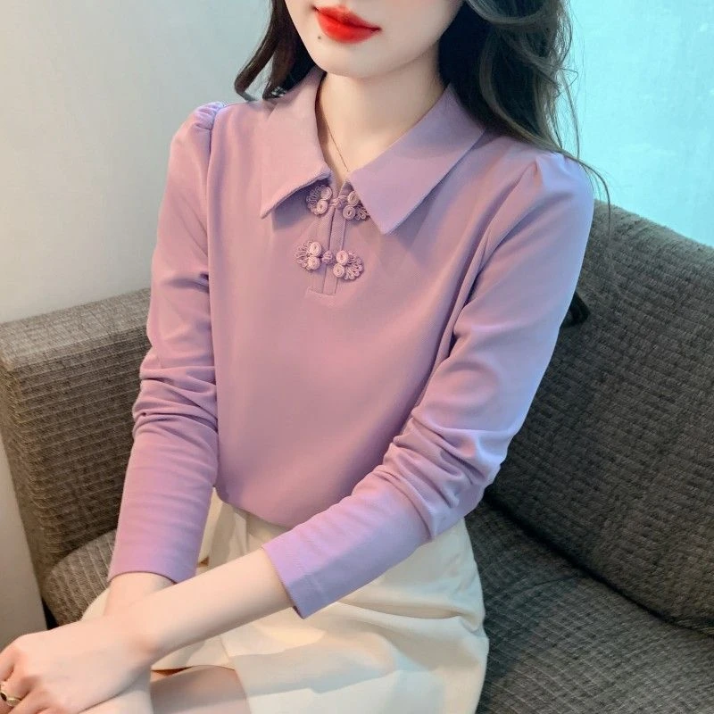 中式国风盘扣POLO领体恤女长袖早秋季2025年新款百搭修身打底上衣