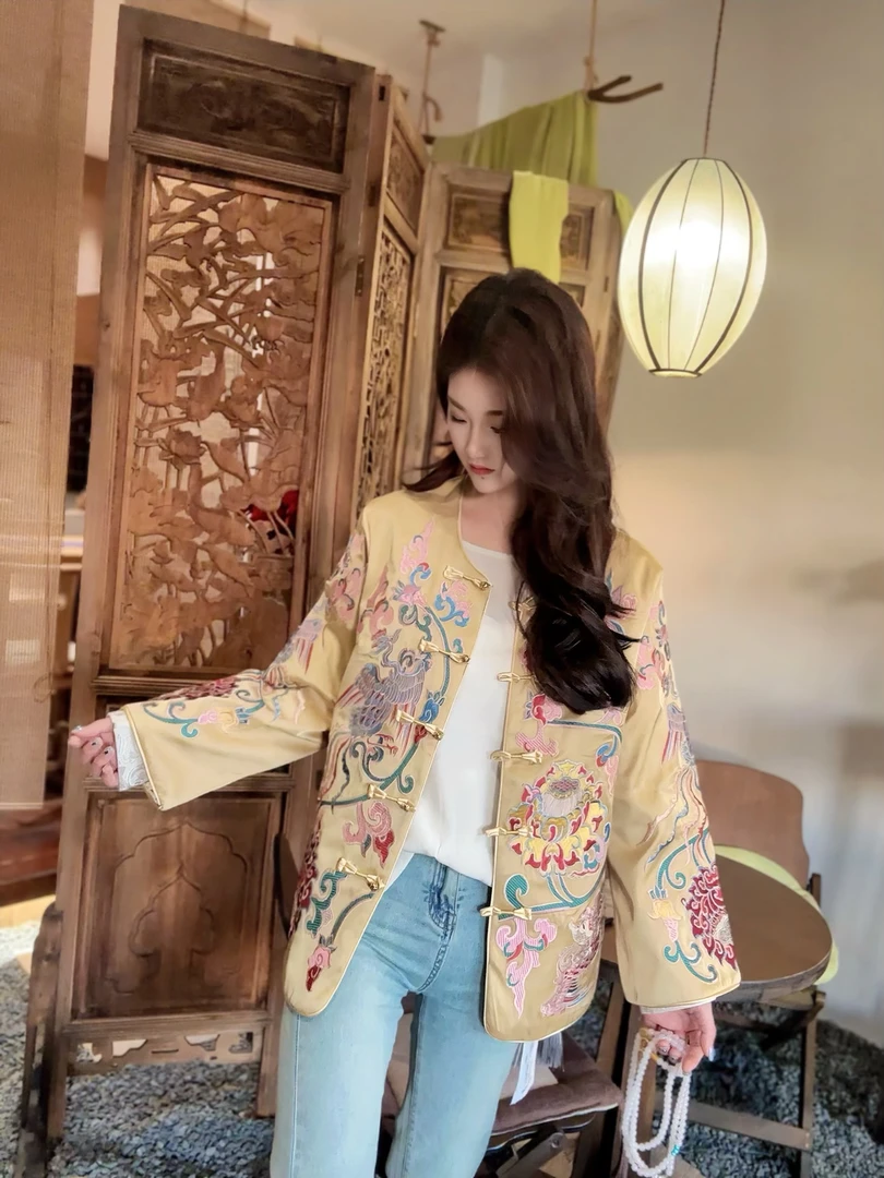 9650洋气定制醋酸面料凤凰涅槃重工刺绣金线盘扣减龄百搭国风外套