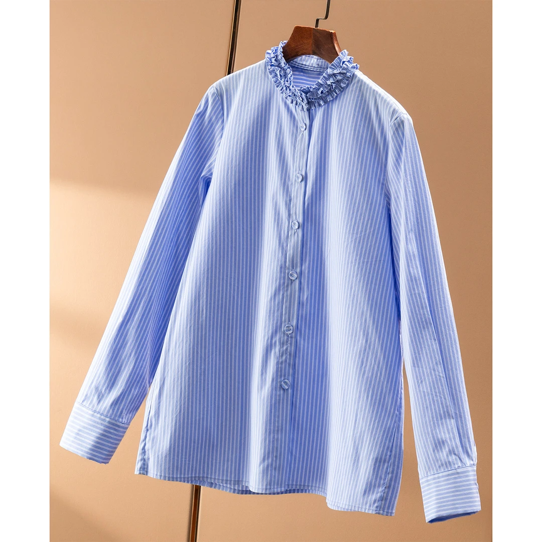 春天家 法柜时尚密码 色织蓝白条 减龄花边领100棉衬衫女04G3