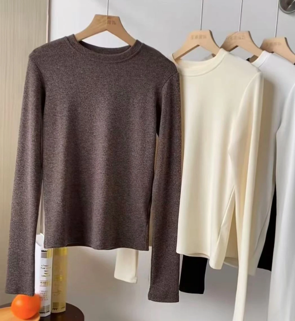 韩版极简高级感毛针织打底衫女圆领显瘦气质长袖T恤上衣 6899
