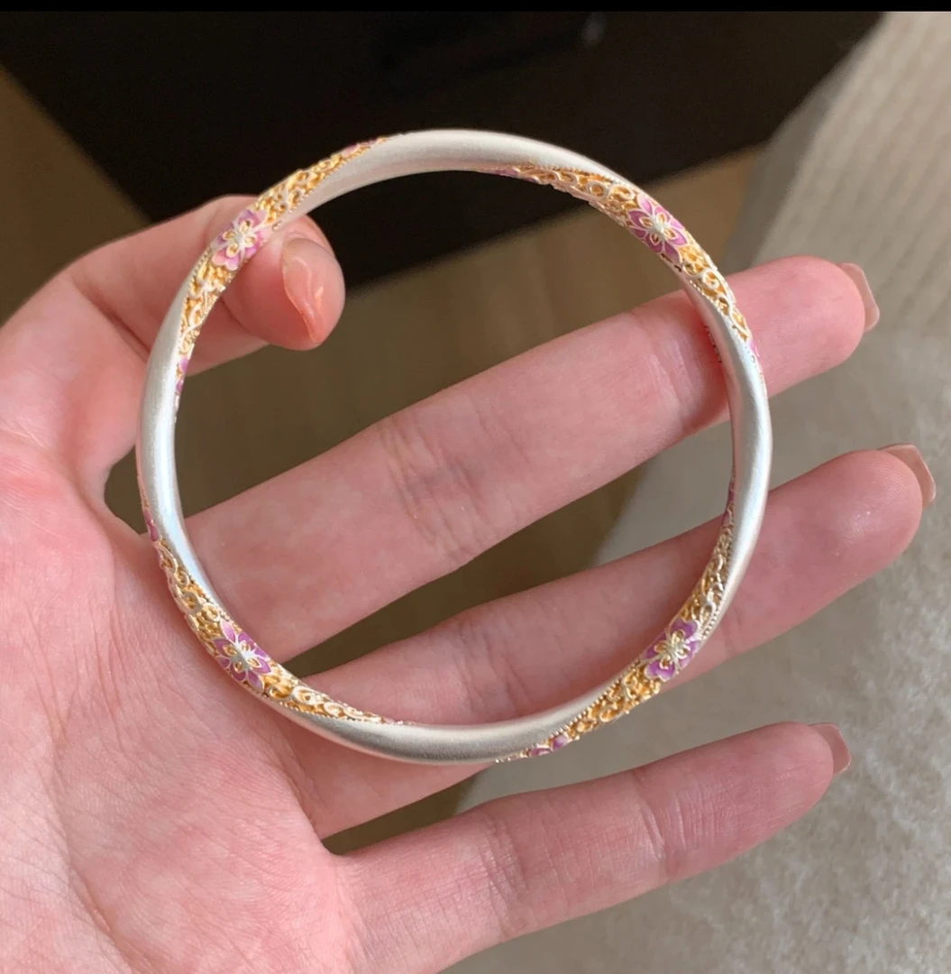 足银手镯 足银9999新中式珐琅彩描金繁花扭纹莫比乌斯闭口银镯子