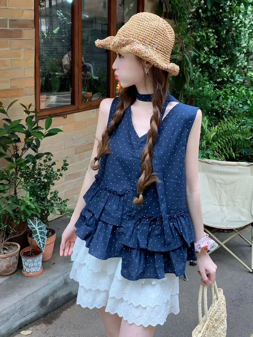 设计感波点飘带V领无袖衬衫女新款宽松显瘦复古外穿上衣-0153