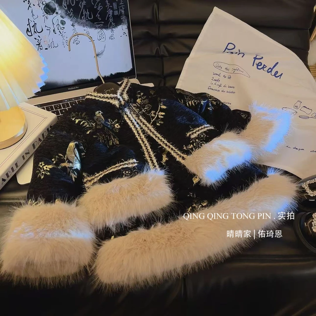 女童洋气国风刺绣拜年服上衣半身裙两件套2024冬季新款D68727嘉