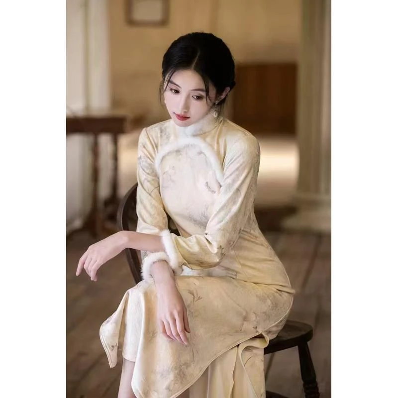 苏故里【织月】文艺气质修身高端日常旗袍奢华气质双层衣长120