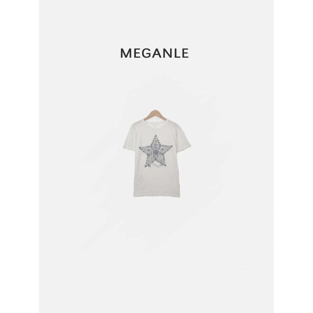 【五角星t】MEGANLE 设计感花朵五角星印花宽松显瘦短袖T恤2025081