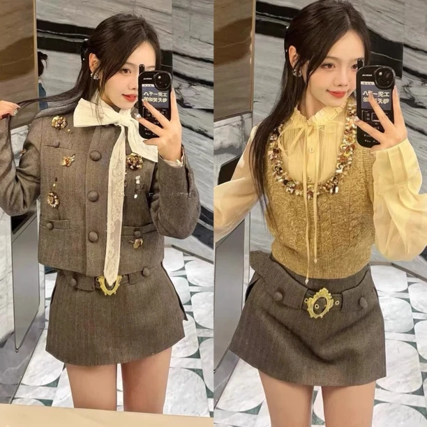 辰辰服饰木子店金色拼接毛衣灰色重工外套半裙（特价品no推no焕）