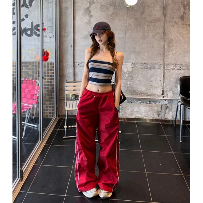美式辣妹风薄款红色运动长裤女夏季松紧腰休闲裤宽松百搭阔腿裤子