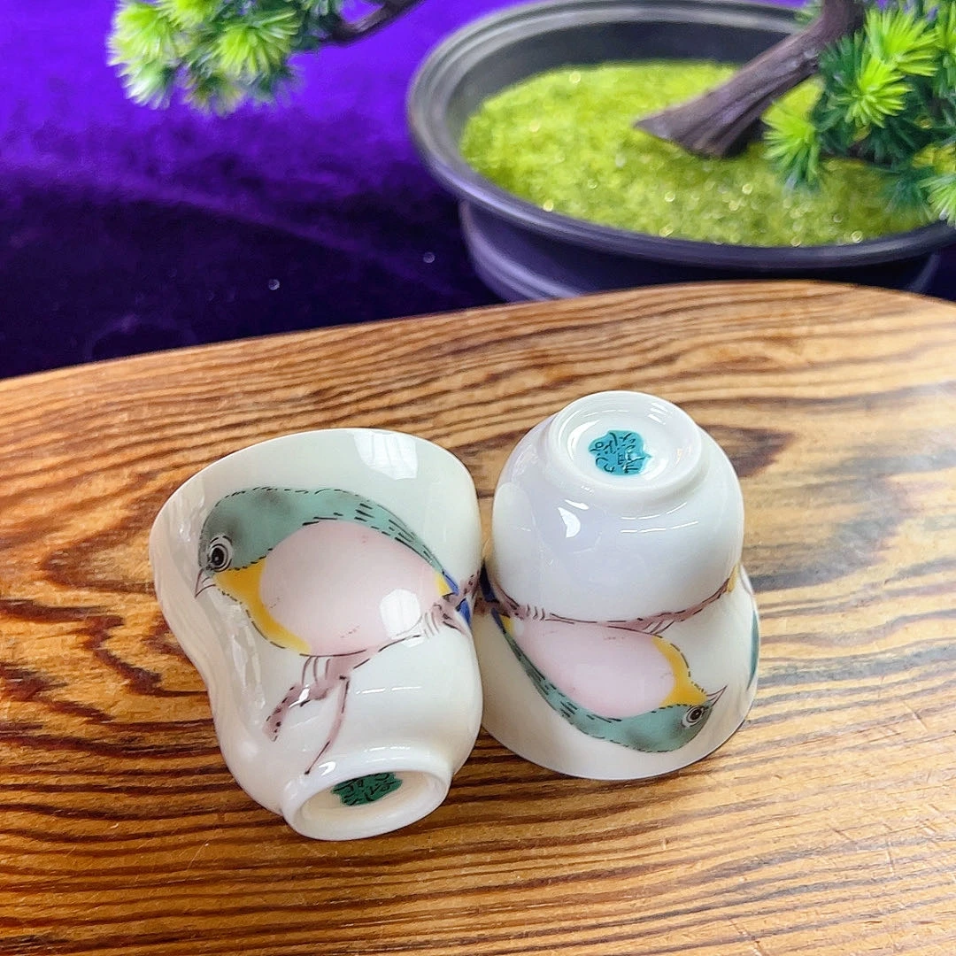 精品瓷器日本九谷烧绣眼鸟葫芦杯主人杯小茶盏