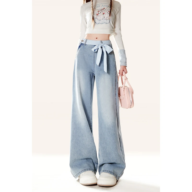 自然涩蓝色蝴蝶结绑带牛仔裤女2025春季新款设计感复古宽松长裤子