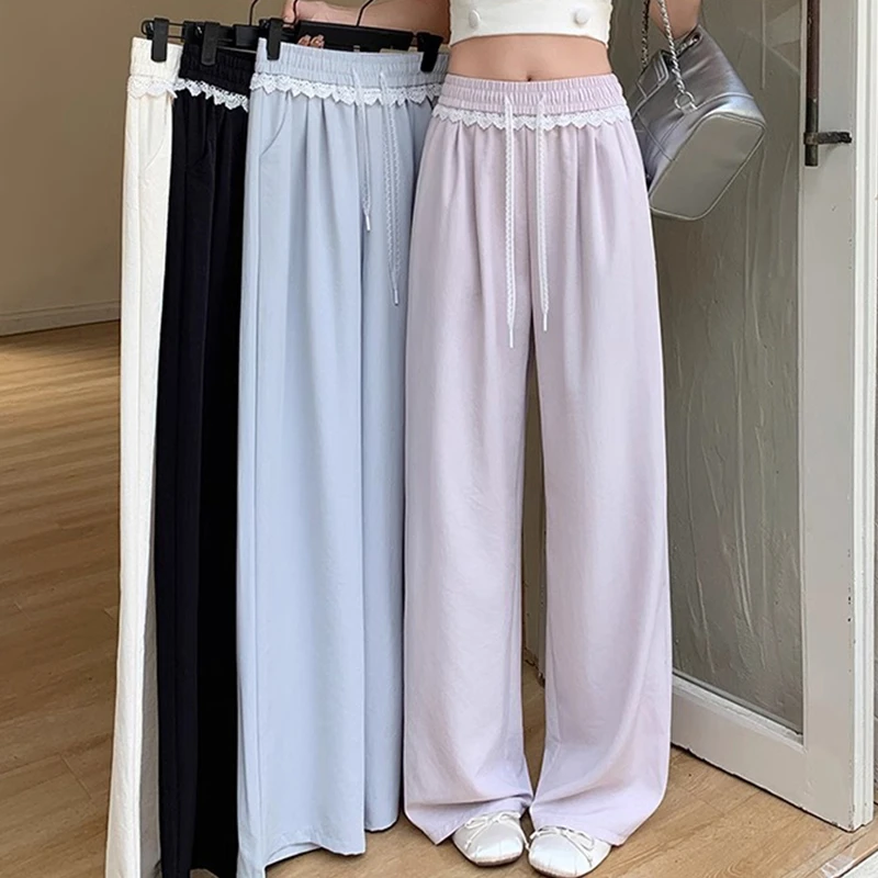 夏季薄款休闲直筒裤2025新款蕾丝花边山本裤女阔腿裤宽松垂坠