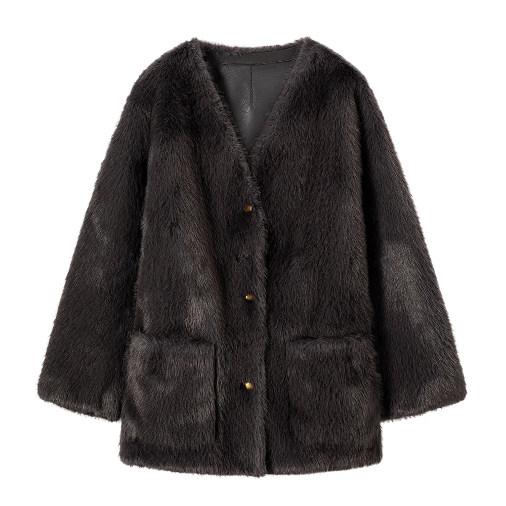 新款V领冬季时尚毛毛外套冬新款休闲百搭气质感