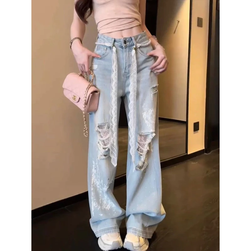 韩版破洞蕾丝直筒牛仔裤女2025夏季浅蓝小众设计感阔腿宽松拖地裤