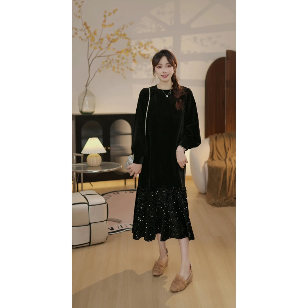 【星河璀璨B】轻奢风宽松双面雪昵绒拼接亮闪闪鱼尾气质显瘦连衣裙