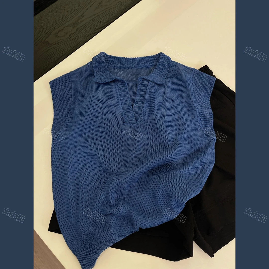 /孔雀蓝翻领/夏季时尚简约Polo领无袖针织气质百搭减龄上衣 95239